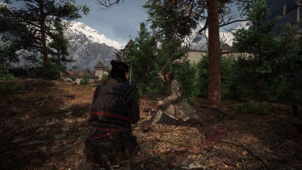 The Blood of Dawnwalker gameplay featuring the protagonist in a forest clearing confronting an armed enemy with snow-capped mountains in the background.