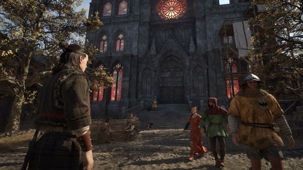 The Blood of Dawnwalker gameplay showing the protagonist approaching a large Gothic cathedral in a medieval town filled with townspeople.