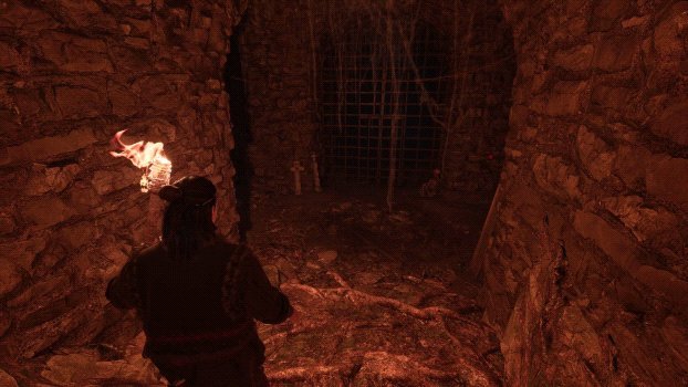 The Blood of Dawnwalker gameplay showing the protagonist exploring a dark underground dungeon with a torch, stone walls, and barred passageways.
