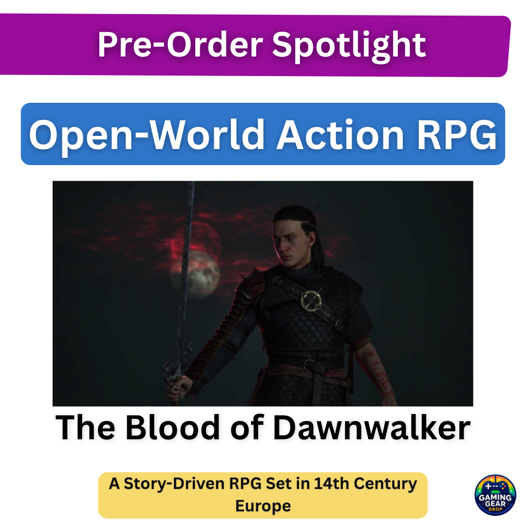 Promotional banner for Open-World Action RPG The Blood of Dawnwalker featuring a armored warrior with a sword.