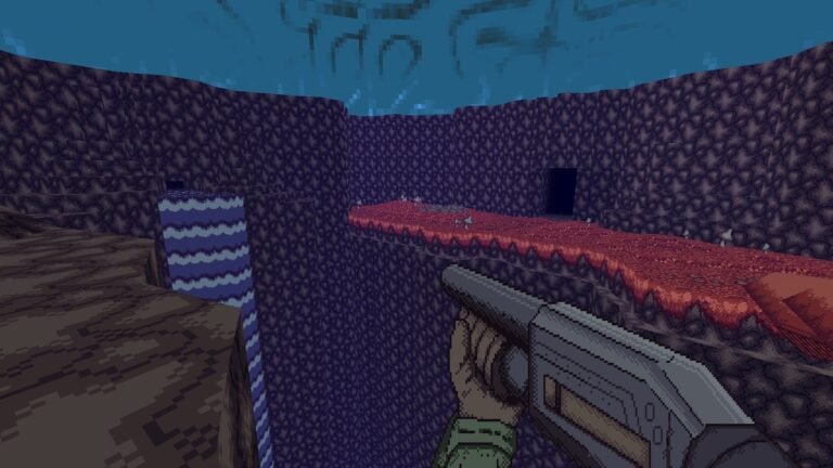 A pixelated video game scene showing a character holding a shotgun, standing on a rocky ledge with a red pathway and a dark doorway ahead.