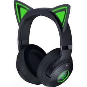 Black over-ear gaming headset with green-lit cat-ear accents and padded ear cushions, showing a glowing logo on the earcup.