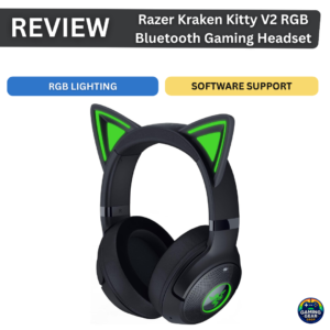 Black wireless gaming headset with glowing green cat-ear lights (Razer Kraken Kitty V2) viewed from front.