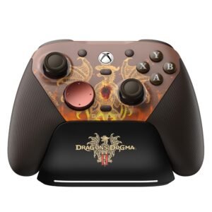 Xbox wireless controller with bronze accents and Dragon's Dogma II dragon artwork on the faceplate, fiery design.