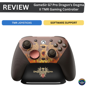 Review banner for GameSir G7 Pro Dragon's Dogma II controller with two callout buttons and a Dragon's Dogma-themed controller image.