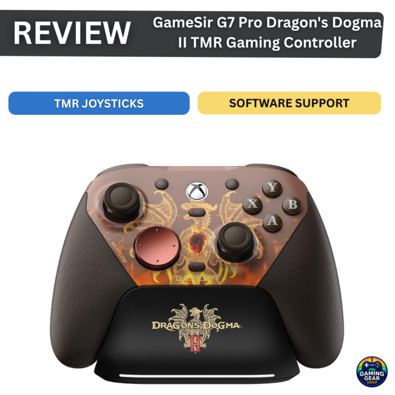 Review banner for GameSir G7 Pro Dragon's Dogma II controller with two callout buttons and a Dragon's Dogma-themed controller image.