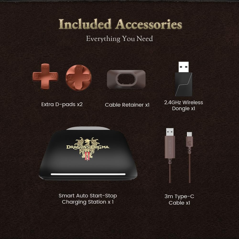 Accessories included: two red D-pads, a cable retainer, a 2.4GHz wireless dongle, a Smart Auto Start-Stop charging station, and a 3m Type-C cable.